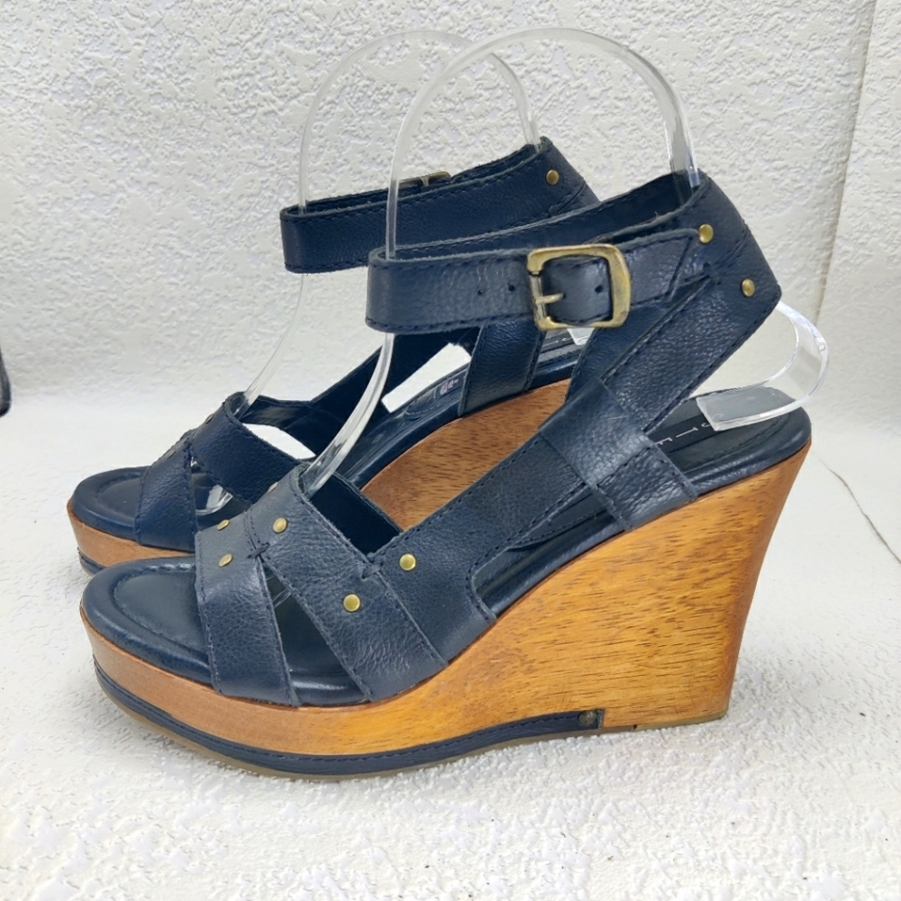 Steve Madden Wood Platform Wedge Heels Leather Ankle Strap Open Toe Sz 7 #224